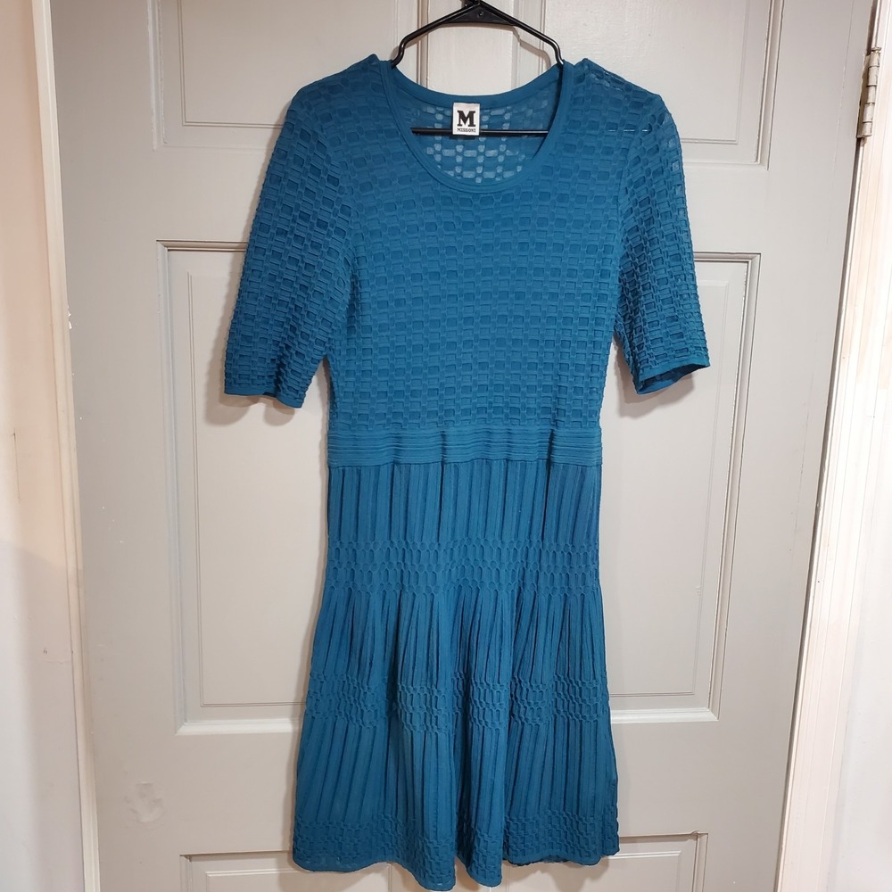 M Missoni Blue Knit Pleated Short Sleeve A-Line Dress Women's IT 46 us 10-12